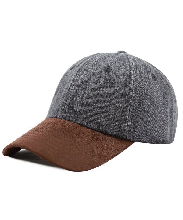 The Hat Depot Unisex Washed Low Profile Denim Suede Bill Cotton Plain Cap - Black With Brown Suede - CQ12NRZPRQI