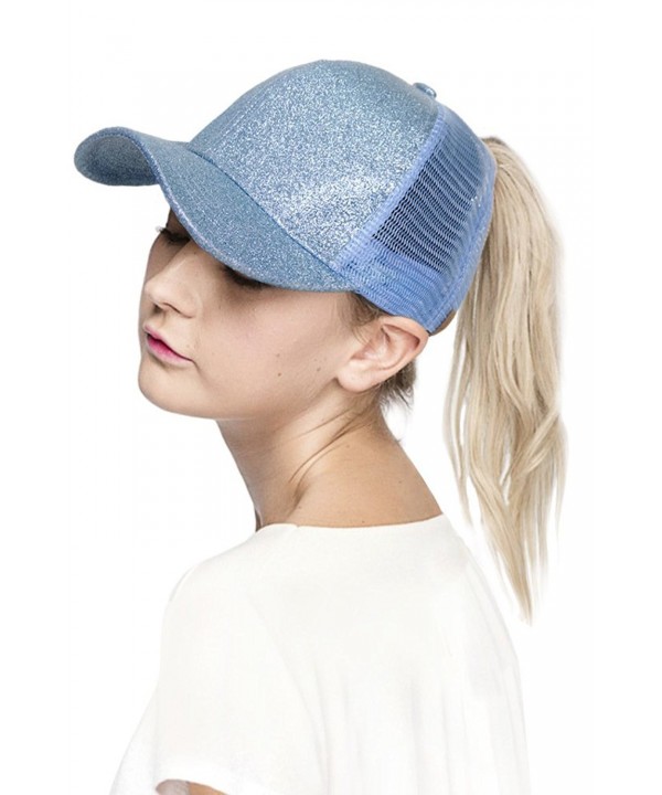 ScarvesMe C.C Ponytail Cap Messy Buns Trucker Plain Baseball Ponycap Hat - Glitter Light Blue - CP18C2T7DIO