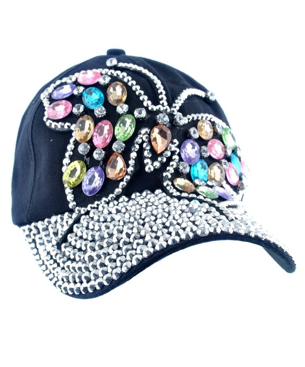 Elonmo Cute Big Butterfly Baseball Cap Jewel Rhinestone Bling Hats Jeans Wash Denim - Black - CP125K09YLR