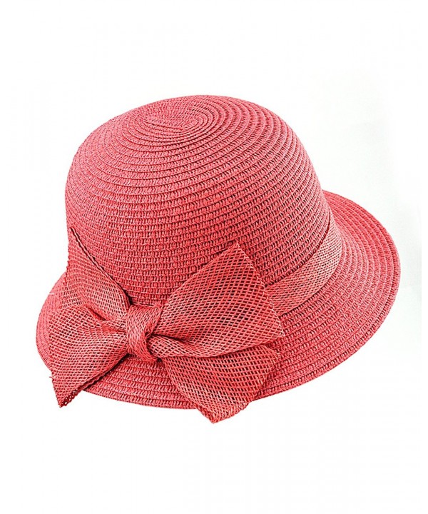 NYFASHION101 Spring Summer Side Flip Cloche Bucket Hat w/ Woven Bow Accent - Coral - CP11VJD64JP