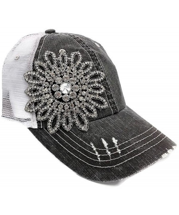 Olive & Pique Women's Stitch Rhinestone Flower Trucker Cap - Charcoal - C912DBWPGC7