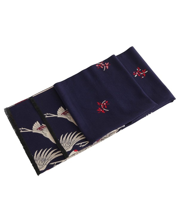 Women's Big Long Shawl Crane Pattern Japanese Winter Warm Scarf for Cold Weather - Navy Red - CH1880965X3