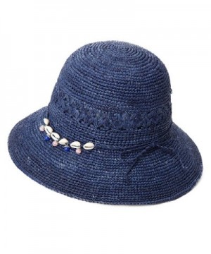 SIGGI Womens 100% Raffia Straw Crochet Hat Foldable UPF Seashell/Bow Decoration - 89306_navy - CU17XXR55GI
