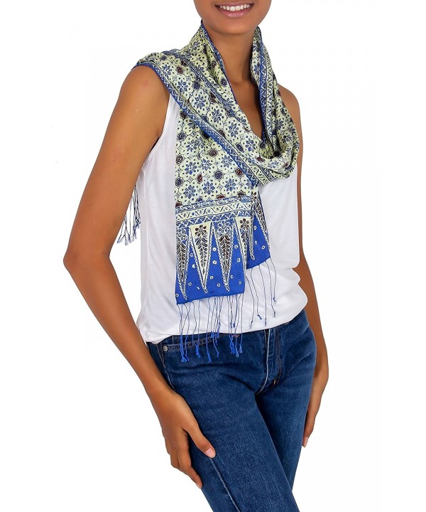 NOVICA Multicolor 100% Silk Hand Stamped Batik Scarf- 'Blue Jasmine' - C111700P9QZ