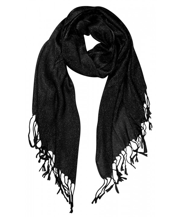 Peach Couture Beautiful Princess Shimmer Sparkle Lightweight Sheer Fringe Scarf - Black - C212712TN6D