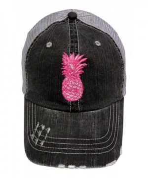 Embroidered Pink Pineapple Distressed Look Grey Trucker Cap Beach Tropical - CL185QD0DXW