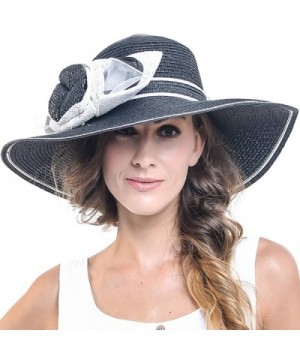 Women Large Flower Stripe Church Wide Brim Sun Hat W205 - Black - CT17XW8UTRD