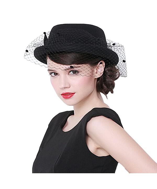 Maitose Women's Vintage Fedoras Wool Felt Veil Hat - Black - C312MCI8Q4L