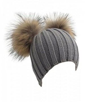 Womens Crochet Hat Raccoon Fur Double Pom Pom Bobble Beanie Warm Winter Ski Cap - Grey - C1186NNOHLK