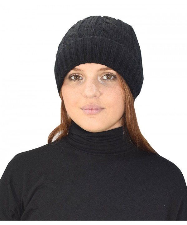 Peach Couture Double Layer Fleece Lined Unisex Cable knit Winter Beanie Hat Cap - Black - CB12N6IQVPY