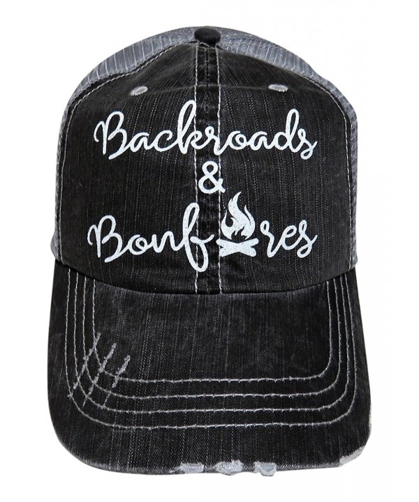 Spirit Caps White Glitter Backroads and Bonfires Distressed Look Grey Trucker Cap - CB17Y7ED83N