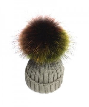 XWDA Women's Detachable Large Multicoloured Real Fur Pompom Beanie Hat - Beige - C912O3UDJ87