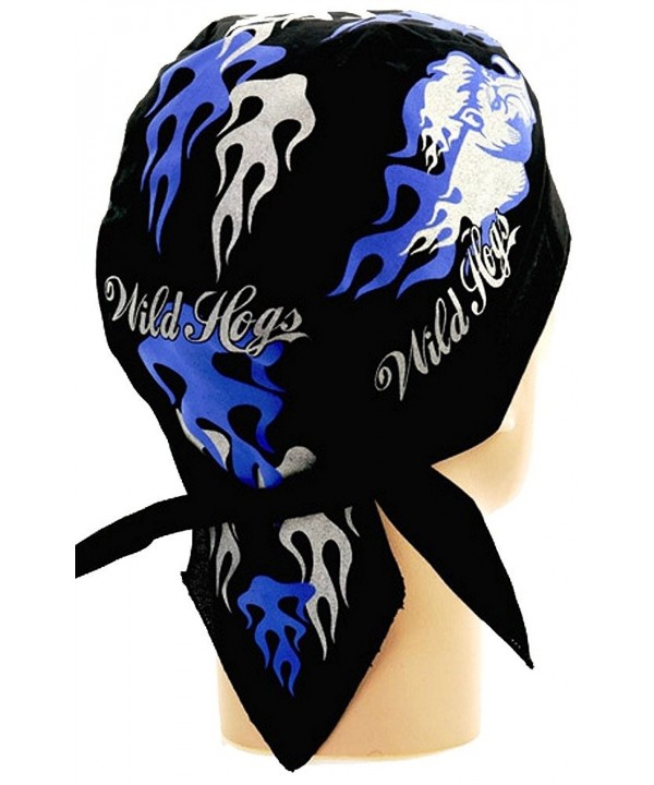 Skull Cap Biker Caps Doo Rags - Wild Hogs Blue & Silver w/ Flames on Black - CX12ELHM8HH