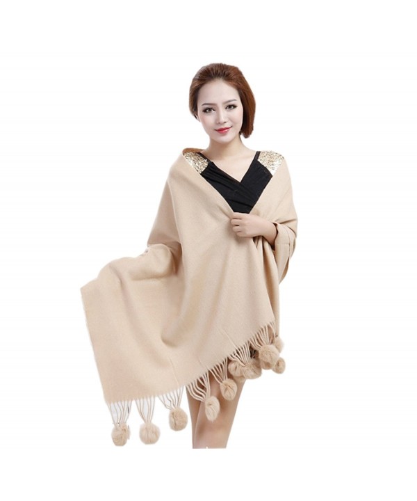 MEEFUR Wide Women's Wool and Cashmere Wraps Rabbit Fur Ball Shawls - Camel - C7127HQA285