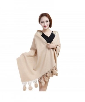 MEEFUR Wide Women's Wool and Cashmere Wraps Rabbit Fur Ball Shawls - Camel - C7127HQA285