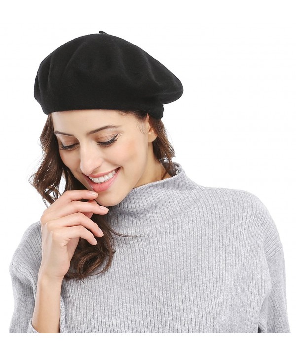 Bellady Women Solid Color French Wool Beret - Black - CC11SWYX8GB