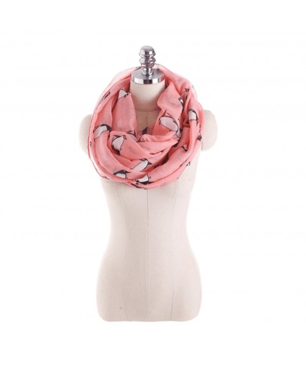 Women Cozy Soft Collar Infinity Scarf Penguin Pattern Sheer Wrap Silk Neck Warmers - Pink - CT187IMZZEM