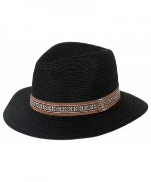 DRY77 Straw Large Brim Fedora Hat with Band - Black - C611XD4VYK7