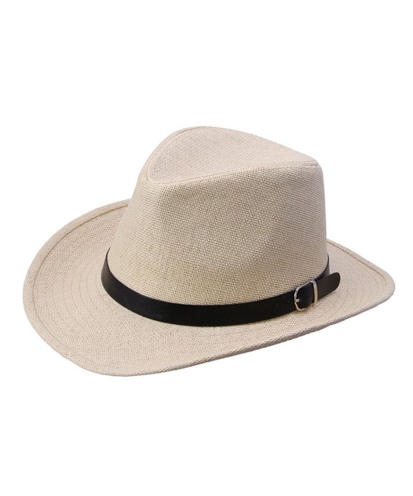 LETSQK Men's Summer Western style Straw Boven Cowboy Hat - Ivory - CN12EMTBHR1