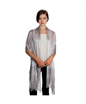 Women's Modern Metallic Fishnet Acrylic Party Shawl Fringe Lurex Evening Scarf - Silver - CB12C6DNHJV