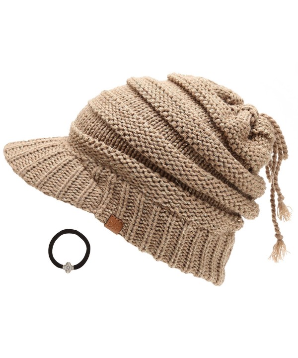 D&Y Women's Beanie Tail Cable Knit Visor Ponytail Beanie Hat With Hair Tie. - Taupe - C318882YKOO