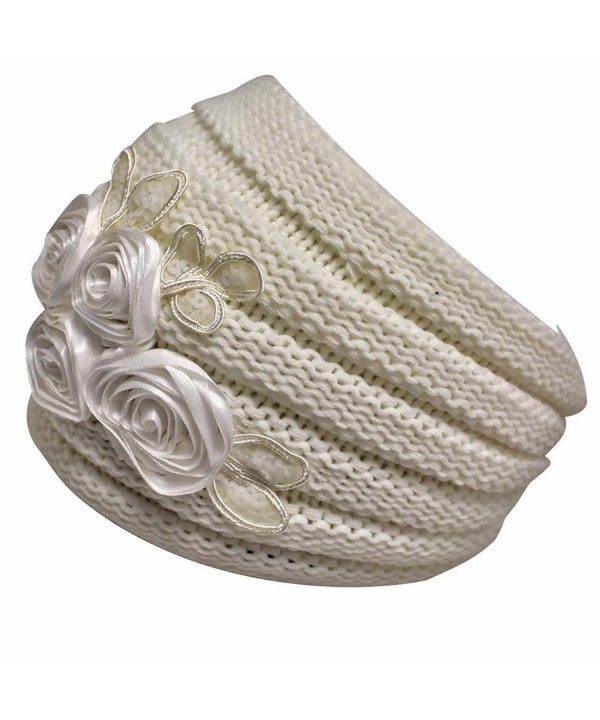 Luxury Divas Ribbed Knit Headband With Floral Design - Ivory - C011G4LOD7H