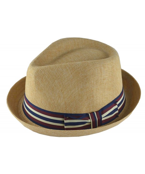 JJ Men's Upturn Brim Summer Fedora with Red Navy White Band Tan - C511WQIK55L