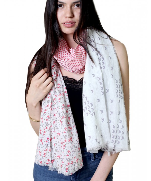 Anika Dali Women's Nora Polka Dot Birds Floral Cotton Scarf (White- Pink- Grey) - CB11DTYQBK9