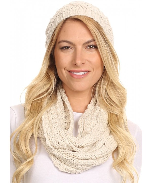 Sakkas Haile Metallic Threaded Woven Classic Hat Beanie And Infinity Scarf Set - Beige - CG12L6X0A9L