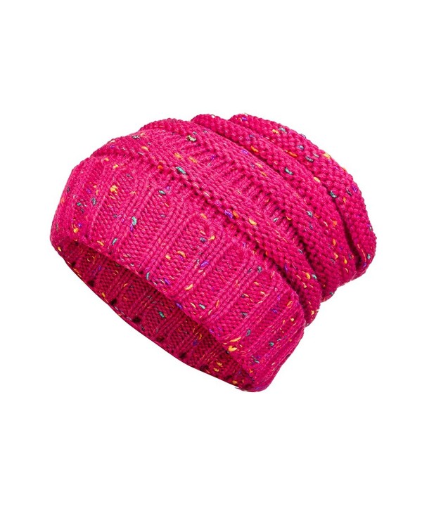 Lemef Confetti Soft Stretch Cable Knit Beanie Slouchy Skull Cap Chunky Warm Hat - Rose Red - CA1895AN337