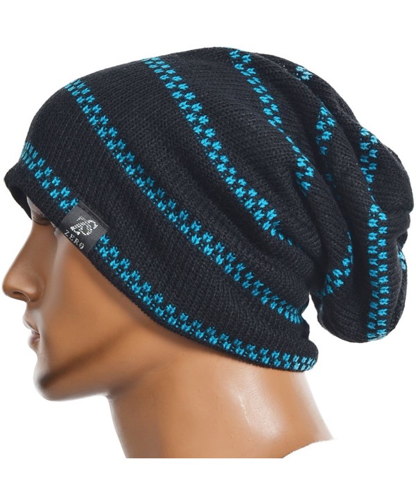 Z&s Mens Slouchy Stripe Beanie Knit Skull Cap Unisex Hat (6 Ccolor) - Black With Blue Stripe - CV11QQ8GAXR