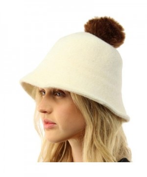 Faux Fur Ball Pom Pom Wool Knit Cloche Bell Shape Bucket Warm Beanie Hat - Ivory - C812MYS0GPC