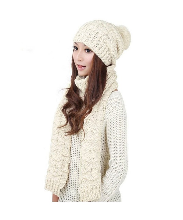 Qingsun Lady Women's Lady Girl Scarf and Hat 2pcs Set Knitted Winter Warm Skull caps Thicken Beanie Cap() - White - CC12NE1ZV36