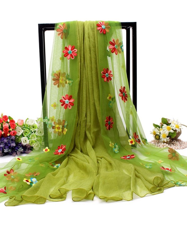 Women Useful Splice Long Embroidery Flowers Scarves Sunscreen Beach Towel Shawl - Olive - CR17AZKTHT4