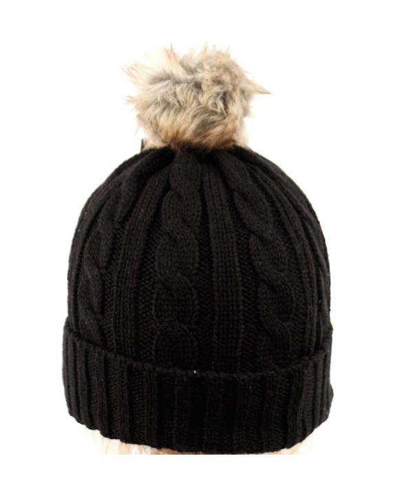 ANGELA & WILLIAM bn2144 Women's Thick Cable Knit Beanie Hat With Soft Faux Fur Pom Pom - Black - C112O18HJSO