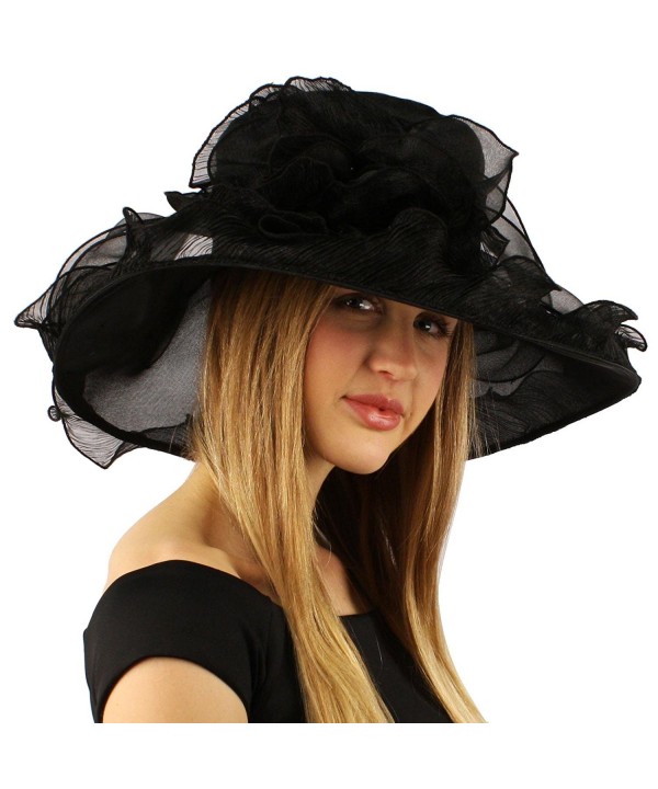 Elegant Kentucky Derby Floppy Ruffle Organza Pleated Flowers Church Hat - Black - C111JHWFYA9