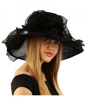 Elegant Kentucky Derby Floppy Ruffle Organza Pleated Flowers Church Hat - Black - C111JHWFYA9