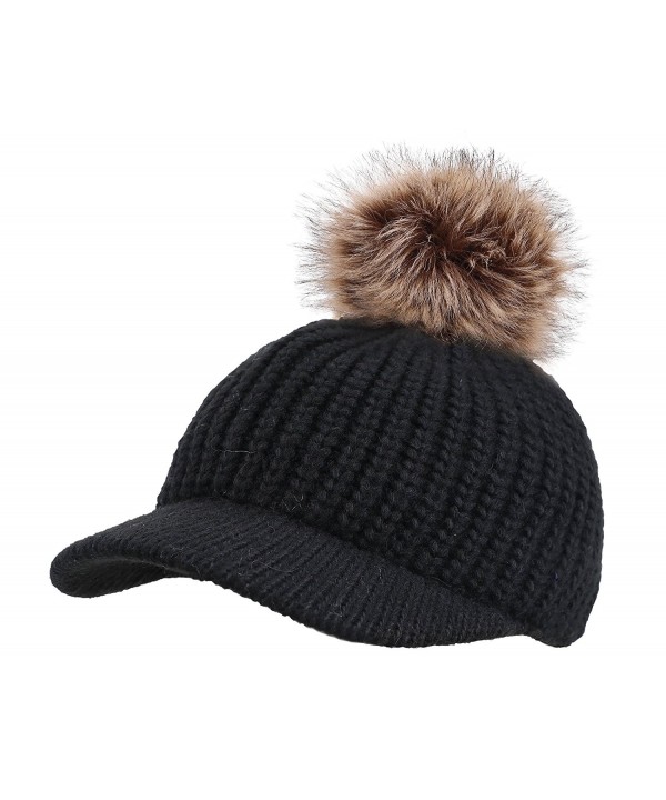 Arctic Paw Kids Cable Knit Beanie with Faux Fur Pompom and Brim Shade - Black - CW183OAL66S