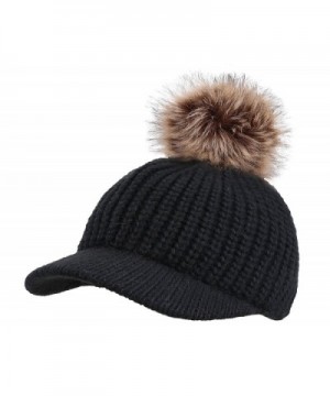 Arctic Paw Kids Cable Knit Beanie with Faux Fur Pompom and Brim Shade - Black - CW183OAL66S