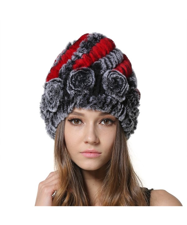 MEEFUR Rex Rabbit Fur Beanies For Female Flower Design Real Fur Hats - Red&grey - CN182KIHYCH