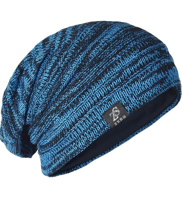 Vintage Men Baggy Beanie Slouchy Knit Skull Cap Hat - Bright Blue - CH12N9ILHV4