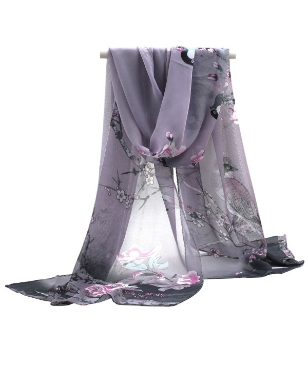 Shineweb Women's Floral Scarves: Chiffon Flowers Birds Printed Scarf - Grey - CZ12MXVD8P3