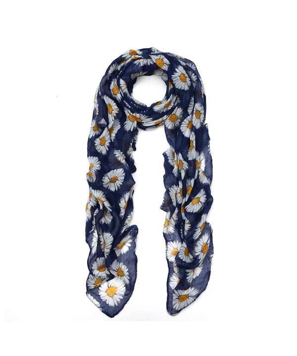 Premium Daisy Floral Fashion Scarf Wrap - Different Colors Available - Navy - CD11OBT9YH3