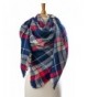 Plum Feathers Premium Plaid Pattern Knit Large Blanket Scarf with Fringes - Navy-red Plaid - CF12O4B8WDI