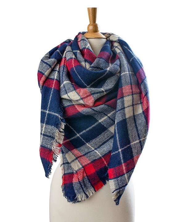 Plum Feathers Premium Plaid Pattern Knit Large Blanket Scarf with Fringes - Navy-red Plaid - CF12O4B8WDI