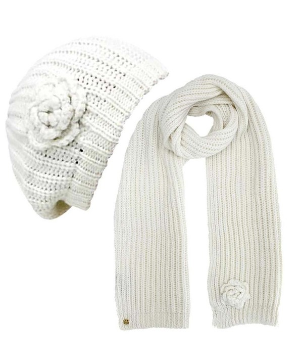 Feminine Rosette Knit Beret Hat & Scarf Set - Ivory - CH110JONUPB