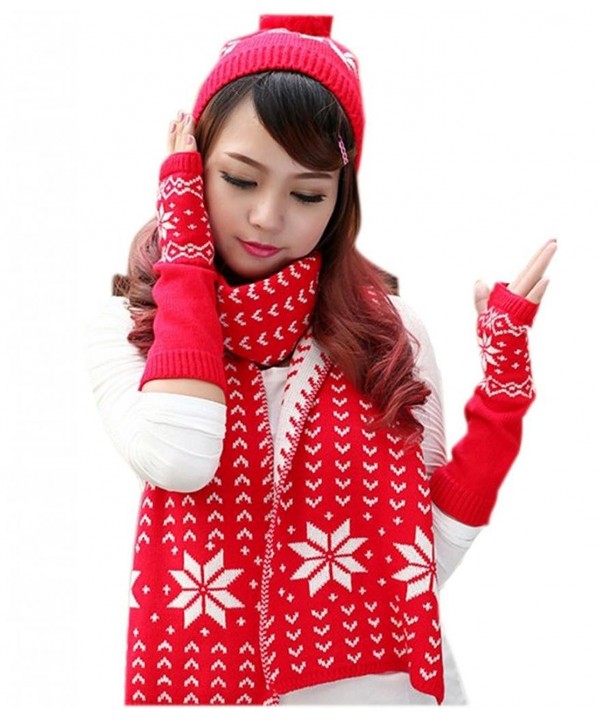 Gellwhu Women's Girls Woolen Yarn 3 Piece Snowflake Hat Gloves and Scarf Sets - Red - C71294G9HB5