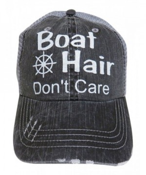 Glitter Boat Hair Don't Care Distressed Look Grey Trucker Cap Hat - White Glitter Letters - CP12GXQI9J5