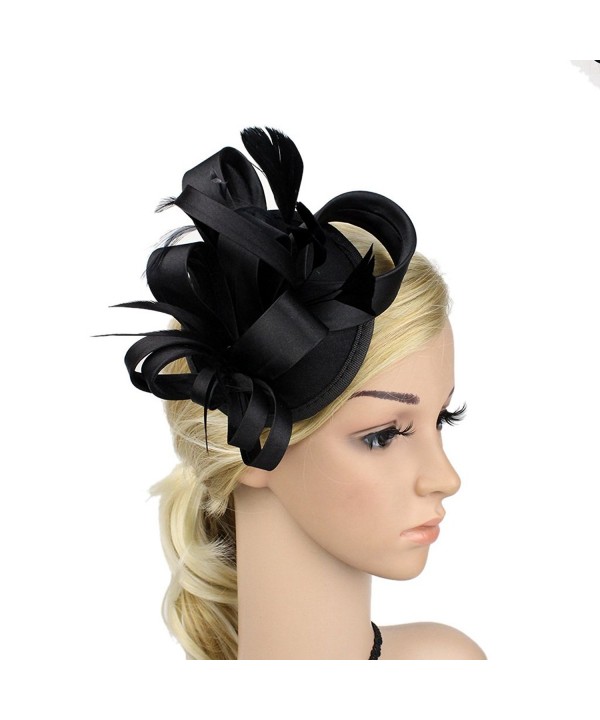 ChezAbbey Women's Feather Flower Derby Hat Fascinator Hair Clip Wedding Party - Black - CB1868NH66U