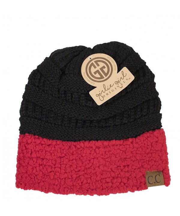 Girlie Girl Exclusive C.C Knit Beanie Sherpa Trim - Black/Red - CZ188KGM4A8
